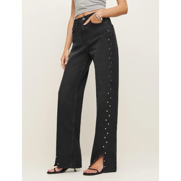 Reformation Denim - Reformation Cary Studded High-Rise Slouchy Straight-Leg Jeans Vana Black